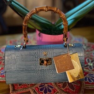 Pratesi Firenze Pear blue Croc embossed Leather bag